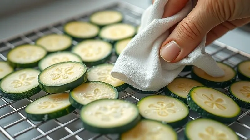 Photorealistic, professional photography, 8K, cinematic lighting, sharp focus, depth of field, shot on a high-end DSLR, close-up of zucchini slices on a cooling rack, with visible droplets of water on their surface, a sprinkle of salt, and a hand gently dabbing with a paper towel, natural kitchen light.