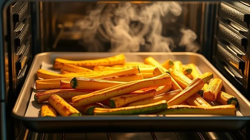 Photorealistic, professional photography, 8K, cinematic lighting, sharp focus, depth of field, shot on a high-end DSLR, a baking sheet filled with golden-brown, crispy baked zucchini sticks, just pulled out of a hot oven, steam gently rising, in a modern, brightly lit kitchen.