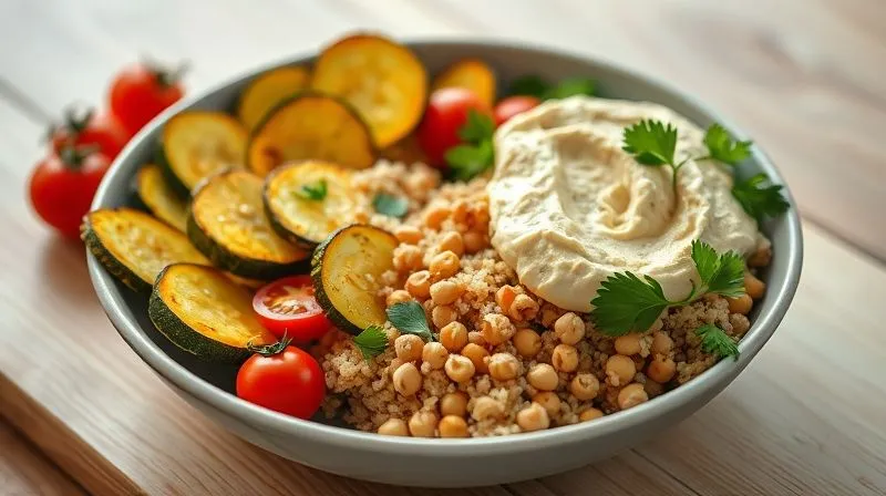 Photorealistic, professional photography, 8K, cinematic lighting, sharp focus, depth of field, shot on a high-end DSLR, a vibrant, healthy vegan meal featuring golden-baked zucchini slices, a bowl of fluffy quinoa, roasted chickpeas, fresh cherry tomatoes, and a generous dollop of creamy hummus, garnished with fresh parsley, on a light wooden table, bright and inviting.