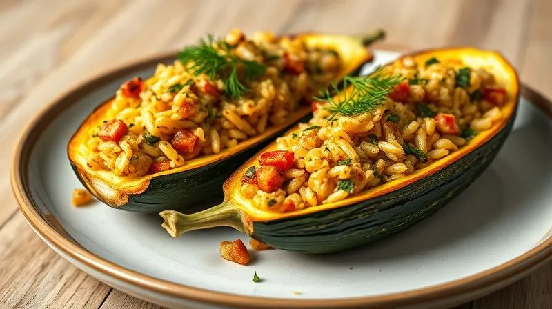 Photorealistic, professional photography, 8K, cinematic lighting, sharp focus, depth of field, shot on a high-end DSLR, two beautifully baked stuffed zucchini halves, filled with a colorful vegan mixture of rice, vegetables, and herbs, garnished with fresh dill, presented on a minimalist ceramic plate, soft natural light.