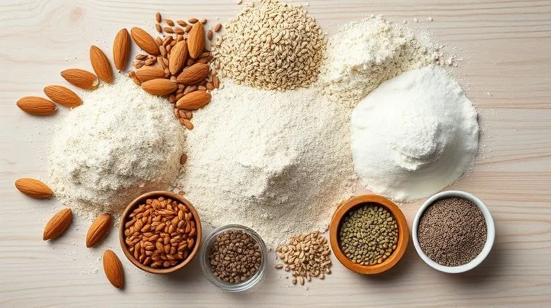 A visually appealing flat lay of various high-protein flours (almond, coconut, lupin), alongside small bowls of flax seeds, chia seeds, and sunflower seeds, all arranged on a light wooden surface. Professional photography, 8K, cinematic lighting, sharp focus.