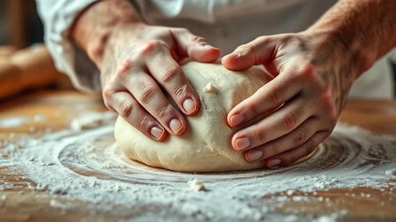 A close-up, photorealistic shot of a baker's hands gently kneading dough on a floured wooden surface, with soft, warm lighting highlighting the texture of the dough. The focus is on the technique and care involved in baking. 8K, professional photography, depth of field.