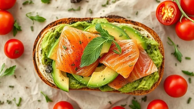 A vibrant, photorealistic flat lay of a slice of protein bread topped with various healthy ingredients: avocado, smoked salmon, cherry tomatoes, and fresh herbs. The presentation is artful and appetizing, with natural light. 8K, professional food photography, sharp focus.
