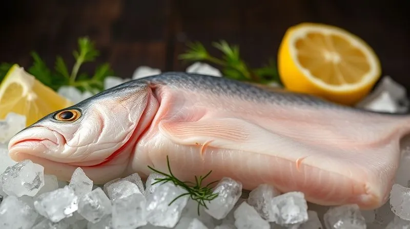 A close-up, photorealistic, professional photography, 8K, cinematic lighting, sharp focus, depth of field, shot on a high-end DSLR, of a fresh, raw cod fillet with skin on, placed on a bed of crushed ice with a few sprigs of fresh dill and lemon wedges. The fish looks firm and glistening, ready for preparation, emphasizing freshness and quality. The background is a dark, rustic market stall, highlighting the natural origin. No text or logos.