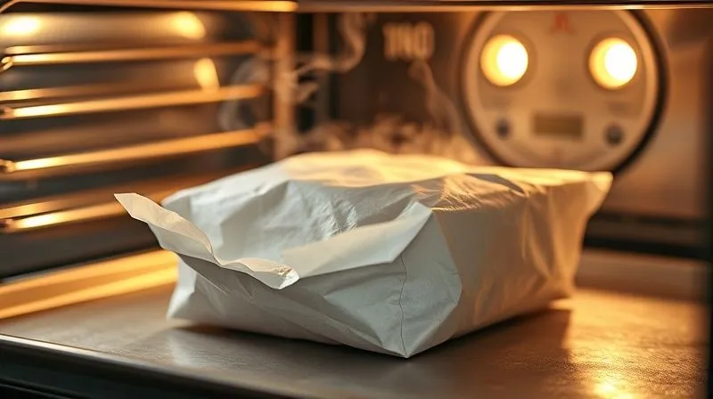 A photorealistic, professional photography, 8K, cinematic lighting, sharp focus, depth of field, shot on a high-end DSLR, of a perfectly sealed "papillote" package made of parchment paper, slightly puffed up from steam, with visible steam escaping from a tiny opening. The package is on a baking sheet inside a modern, clean oven, with warm, inviting light. The focus is on the package, suggesting delicious, healthy cooking. No text or logos.