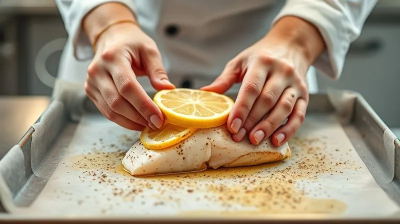 A photorealistic, professional photography, 8K, cinematic lighting, sharp focus, depth of field, shot on a high-end DSLR, of an experienced chef's hands gently placing fresh lemon slices under a seasoned cod fillet on a baking sheet lined with parchment paper, ready for the oven. The hands are clean and precise, emphasizing care and expertise. The background is a bright, modern kitchen. No text or logos.