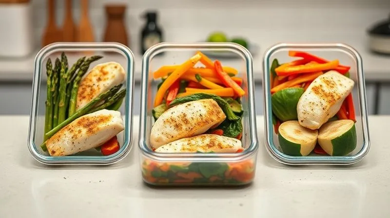 A photorealistic, professional photography, 8K, cinematic lighting, sharp focus, depth of field, shot on a high-end DSLR, of three distinct, healthy meal prep containers arranged neatly on a kitchen counter. Each container features baked cod with different vibrant, low-calorie vegetable combinations (e.g., asparagus, bell peppers, spinach), ready for the week. The setting is clean and organized, emphasizing efficient meal planning. No text or logos.