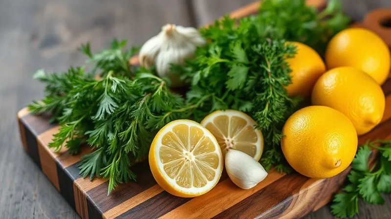 Photorealistic, professional photography, 8K, cinematic lighting, sharp focus, depth of field, shot on a high-end DSLR. A rustic wooden cutting board with a variety of fresh herbs (dill, parsley, thyme), bright yellow lemons, a piece of ginger, and garlic cloves, all neatly arranged, ready for preparing a marinade. The scene is bright and emphasizes freshness and natural ingredients.