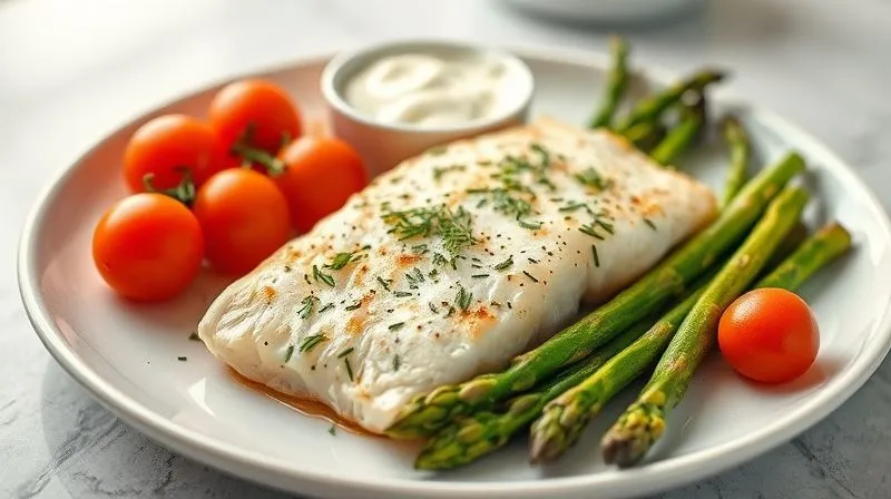 Photorealistic, professional photography, 8K, cinematic lighting, sharp focus, depth of field, shot on a high-end DSLR. A beautifully arranged plate featuring a perfectly baked cod fillet, surrounded by vibrant, steamed asparagus, cherry tomatoes, and a sprinkle of fresh dill. A small, elegant bowl of light yogurt-dill sauce sits beside it. The background is softly blurred, suggesting a healthy, appealing meal in a bright, natural light setting.