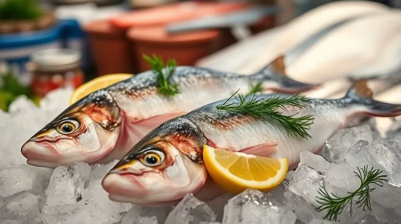 Photorealistic, professional photography, 8K, cinematic lighting, sharp focus on two fresh, raw cod fillets on a bed of crushed ice, garnished with lemon slices and dill. The fish should look pristine, firm, and glistening, indicating peak freshness. Depth of field blurring the background of a fish market stall. Shot on a high-end DSLR.