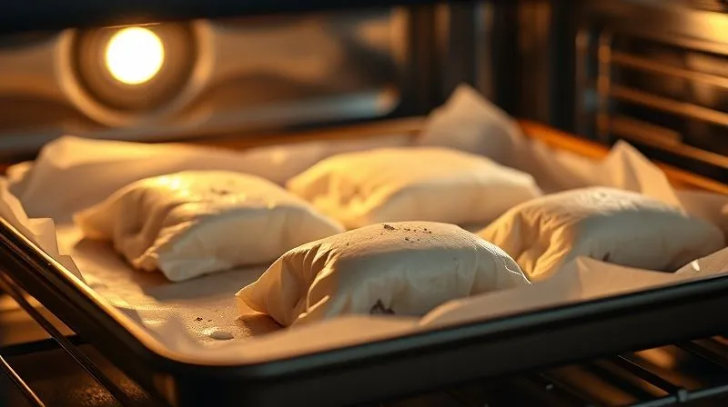 Photorealistic, professional photography, 8K, cinematic lighting, sharp focus on a baking sheet with several cod fillets wrapped in parchment paper, gently steaming in a hot oven. The light from the oven illuminates the scene, highlighting the delicate texture of the fish visible through slightly opened parchment. Depth of field blurring the oven interior. Shot on a high-end DSLR.