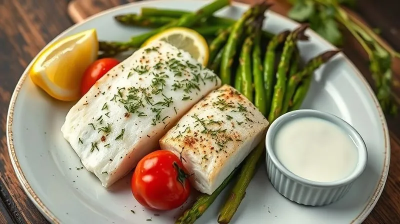 A beautifully plated, photorealistic image of a baked cod fillet, garnished with fresh dill and lemon slices, served alongside roasted asparagus and cherry tomatoes. A small ramekin of a creamy, light yogurt-dill sauce is next to the plate. Professional photography, 8K, cinematic lighting, sharp focus on the meal, depth of field blurring a rustic wooden table, shot on a high-end DSLR.