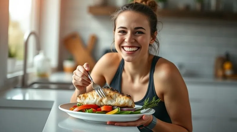 A photorealistic, professional photography shot of a smiling woman in her 30s, dressed in activewear, happily enjoying a plate of perfectly baked cod with healthy vegetables. She is sitting at a modern kitchen counter, with natural light streaming in. Cinematic lighting, sharp focus on her joyful expression and the food, depth of field blurring the background, 8K hyper-detailed, shot on a high-end DSLR.