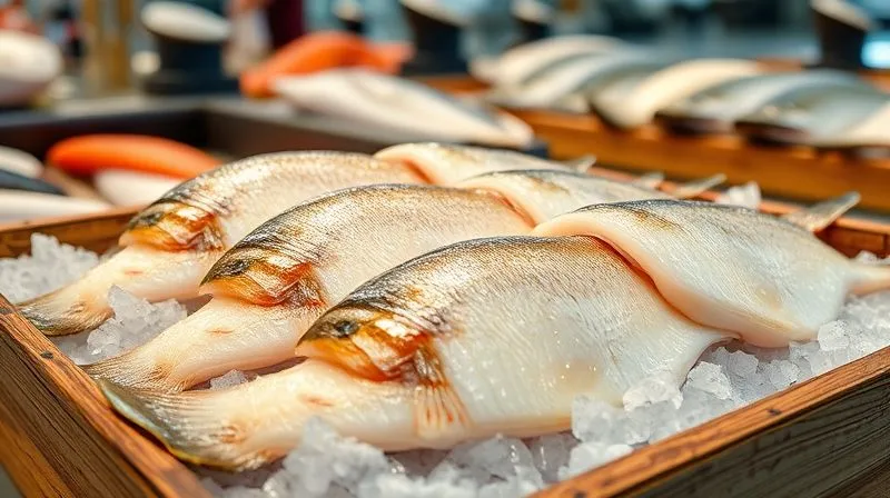 Photorealistic, professional photography, 8K, cinematic lighting, sharp focus, depth of field, shot on a high-end DSLR of glistening, fresh cod fillets neatly arranged on a bed of crushed ice in a rustic wooden crate, with soft, natural light highlighting their pearly white flesh. The background is a bustling, clean fish market scene, slightly blurred, conveying freshness and quality.