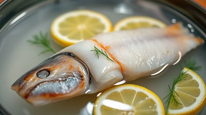 Photorealistic, professional photography, 8K, cinematic lighting, sharp focus, depth of field, shot on a high-end DSLR of a cod fillet gently cooking in a clear water bath within a modern sous vide machine. Steam subtly rises, and the fish is perfectly translucent, surrounded by fresh herbs like dill and lemon slices, emphasizing precision cooking and tenderness.