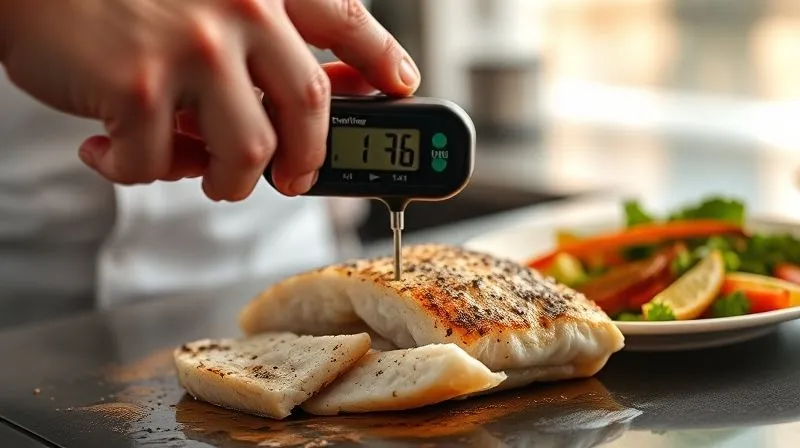 Photorealistic, professional photography, 8K, cinematic lighting, sharp focus, depth of field, shot on a high-end DSLR of a chef's hand gently inserting a digital meat thermometer into the thickest part of a perfectly baked, flaky cod fillet, displaying an ideal internal temperature. The background shows a modern kitchen counter with a blurred-out plate of healthy side dishes, emphasizing precision and culinary expertise.