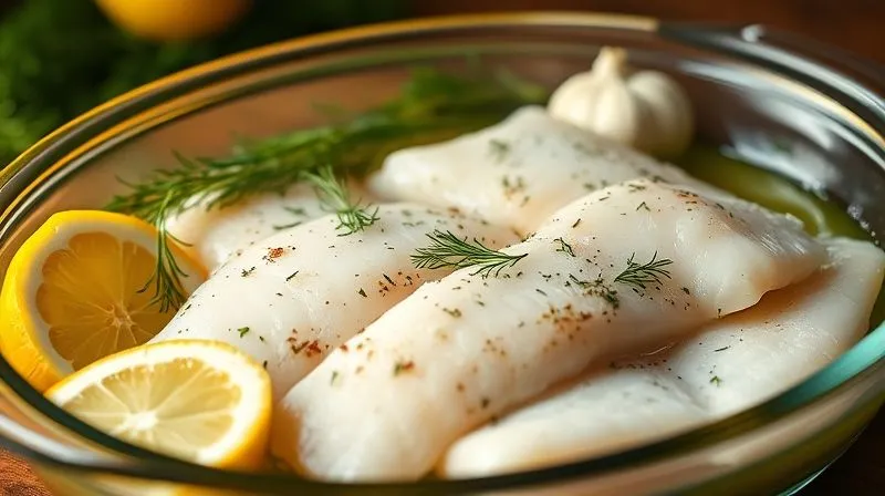 Photorealistic image of fresh cod fillets marinating in a glass dish with lemon, dill, and garlic, vibrant colors, cinematic lighting, sharp focus on the ingredients.