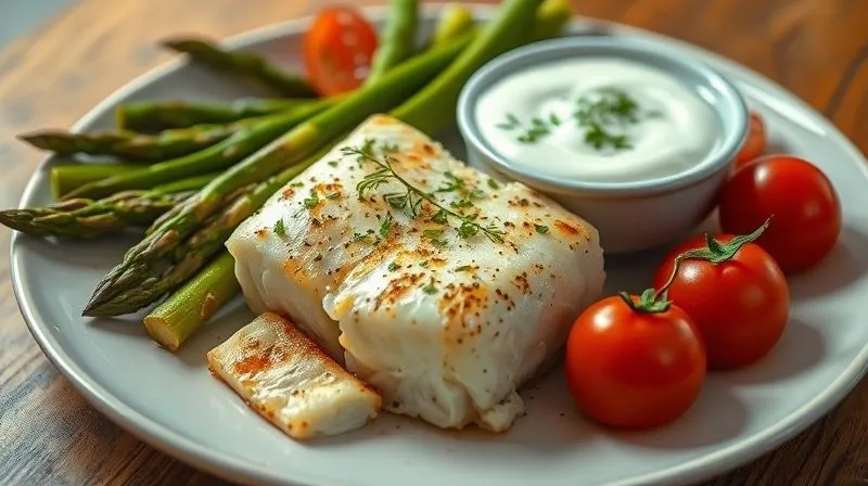 Photorealistic image of a plate with baked cod, roasted asparagus, cherry tomatoes, and a small bowl of creamy dill-yogurt sauce, bright and fresh, healthy meal, cinematic lighting, sharp focus.