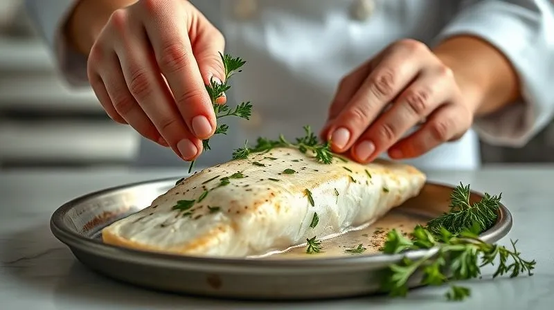 Photorealistic image of a chef's hands delicately placing fresh herbs on a baked cod fillet, emphasizing precision and care in healthy cooking, with a clean kitchen background, soft natural light.