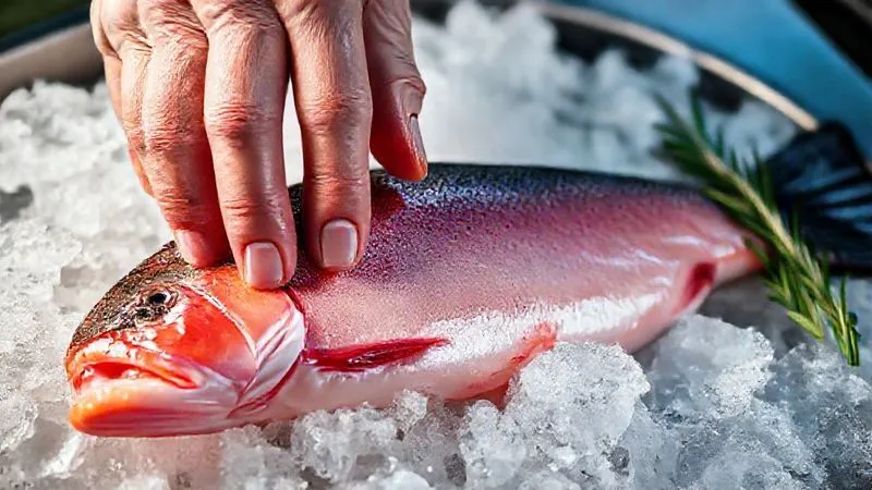 Photorealistic, professional photography of a fresh, raw trout fillet on a bed of ice, with vibrant pink flesh and shiny skin. A chef's hand is gently pressing the fillet to check its firmness. Shot on a high-end DSLR, 8K, cinematic lighting, sharp focus, depth of field, evoking freshness and quality.