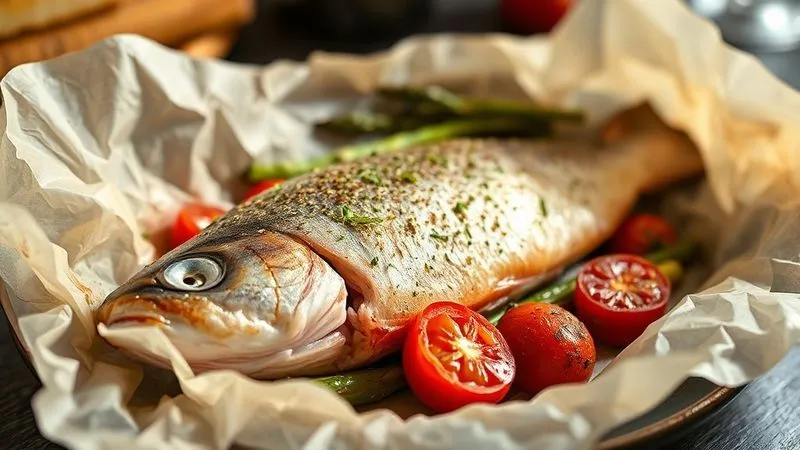 Photorealistic, professional photography of a perfectly baked trout fillet served 'en papillote' (in parchment paper), with steam gently escaping as it's opened at the table. Inside, the fish is flaky and moist, accompanied by colorful roasted vegetables like asparagus and cherry tomatoes. Shot on a high-end DSLR, 8K, cinematic lighting, sharp focus, depth of field, emphasizing healthy and delicious cooking.