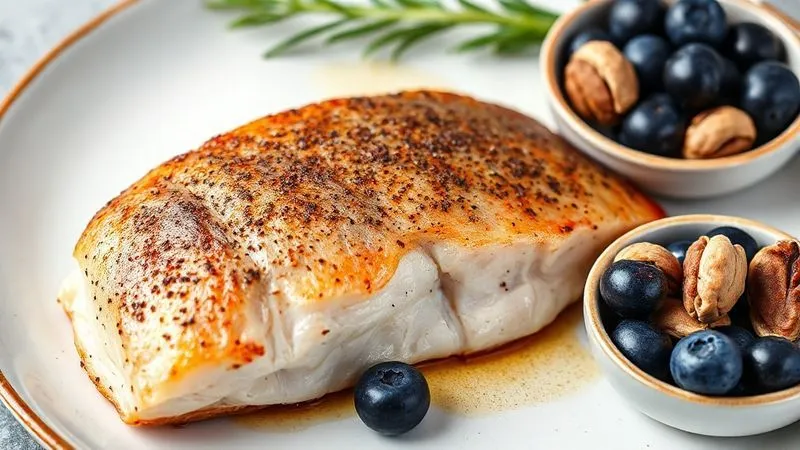 Photorealistic, professional photography of a cross-section of a baked trout fillet, clearly showing the flaky texture and omega-3 rich healthy fats. Next to it, a small bowl of fresh blueberries and walnuts, symbolizing healthy fats and antioxidants. Shot on a high-end DSLR, 8K, cinematic lighting, sharp focus, depth of field, emphasizing nutritional value and health benefits.