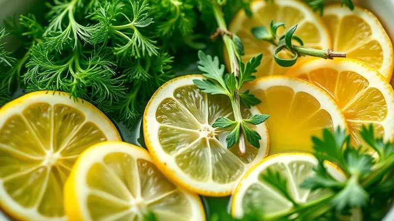 A close-up, photorealistic, professional photography, 8K, cinematic lighting, sharp focus, depth of field shot on a high-end DSLR of a vibrant collection of fresh herbs (dill, parsley, thyme, rosemary) and sliced lemons, prepared for a fish marinade, with a subtle hint of olive oil in a small bowl. The scene is bright and fresh, evoking healthy cooking.