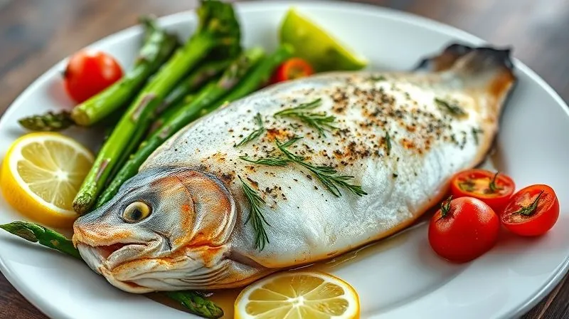 A vibrant, photorealistic, professional photography, 8K, cinematic lighting, sharp focus, depth of field shot on a high-end DSLR of a perfectly baked trout fillet on a white plate, surrounded by an array of colorful, roasted low-calorie vegetables like asparagus, cherry tomatoes, broccoli, and lemon slices. The composition is fresh, healthy, and inviting, with a focus on natural light.