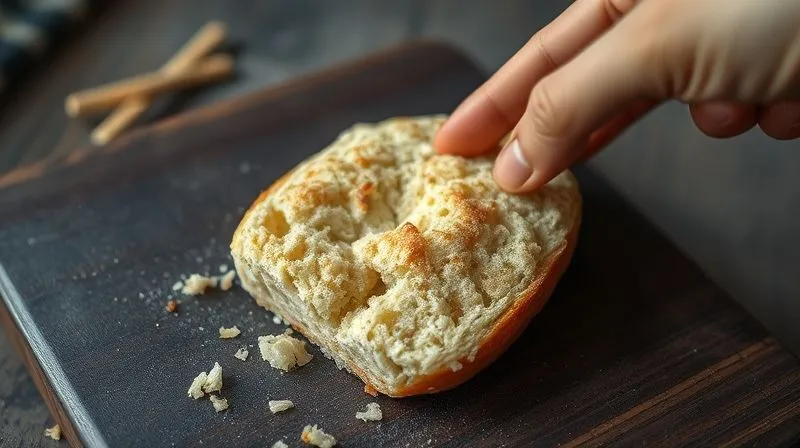 Photorealistic, professional photography, 8K, cinematic lighting, sharp focus, depth of field, shot on a high-end DSLR. A close-up of a dry, crumbly slice of rice bread on a dark cutting board, next to a frustrated hand reaching for it, symbolizing common baking failures. The scene is slightly desaturated to convey disappointment, with subtle shadows emphasizing the bread's dryness.