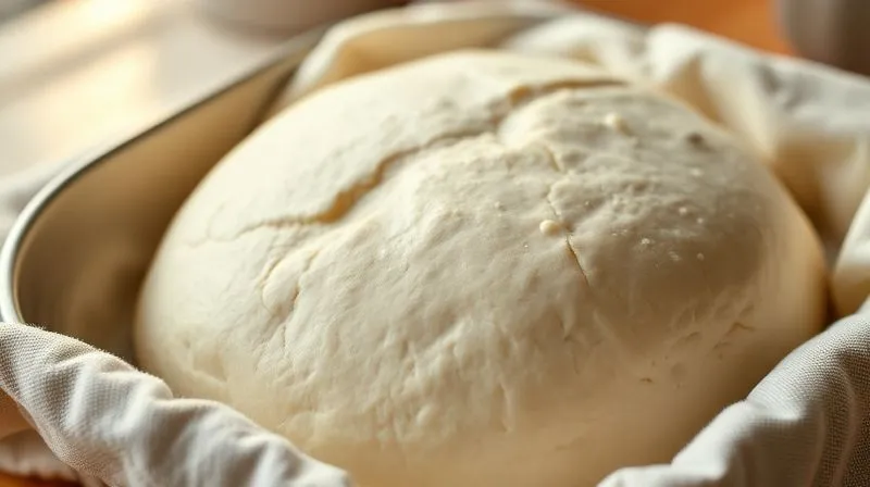 Photorealistic, professional photography, 8K, cinematic lighting, sharp focus, depth of field, shot on a high-end DSLR. A close-up of a perfectly risen, airy rice bread dough in a loaf pan, covered with a linen cloth, bathed in soft, warm kitchen light. The scene conveys a sense of anticipation and gentle, natural growth, highlighting the dough's smooth, elastic surface.