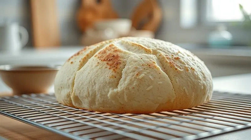 Photorealistic, professional photography, 8K, cinematic lighting, sharp focus, depth of field, shot on a high-end DSLR. A perfectly baked rice bread loaf resting on a cooling rack, with soft steam still subtly rising. The background shows a cozy, clean kitchen, emphasizing the final, crucial stage of baking. The image evokes a sense of calm completion and the promise of deliciousness.