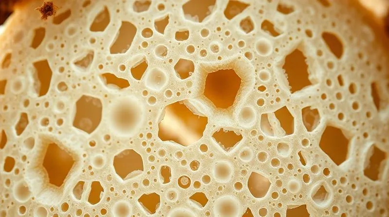 Microscopic view of active sourdough starter, showing a dense network of lactobacilli and yeast cells, vibrant and alive, professional macro photography, scientific illustration style but photorealistic, 8K, sharp focus, depth of field.