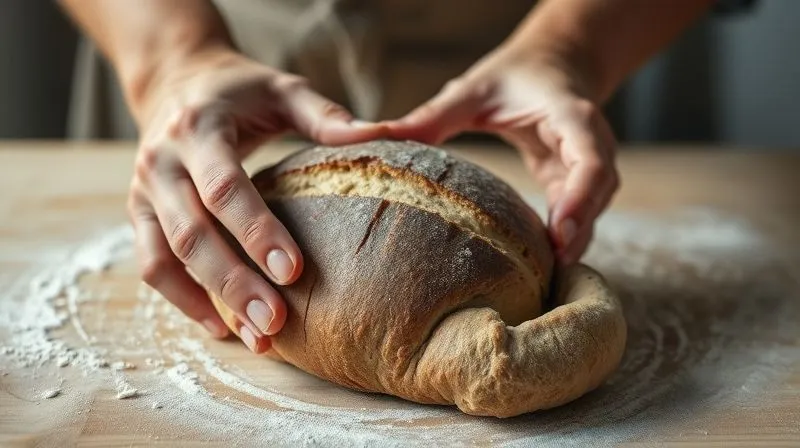 Close-up, photorealistic, professional photography, 8K, cinematic lighting, sharp focus, depth of field. A pair of expert hands gently shaping a rustic, dark rye bread dough on a lightly floured wooden surface, showing the texture and pliability of the dough. The background is softly blurred, focusing on the hands and dough. No text or logos.
