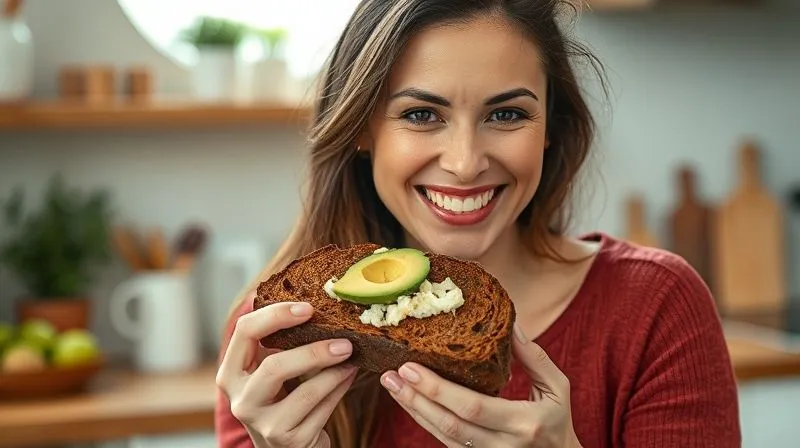 Photorealistic, professional photography, 8K, cinematic lighting, sharp focus, depth of field. A smiling woman in her late 30s, looking healthy and energetic, enjoying a slice of dark rye bread with fresh toppings (e.g., avocado, cottage cheese) in a bright kitchen. Natural light, warm colors, emphasizing joy and well-being. No text or logos.