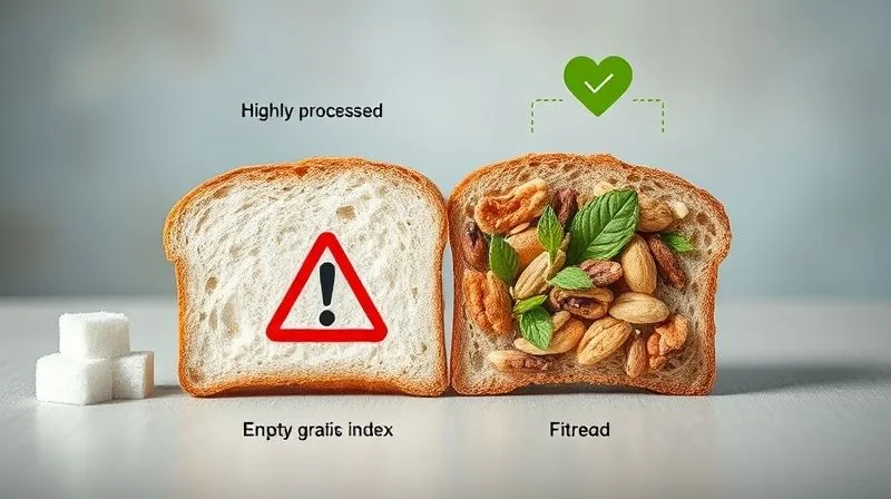 A visually striking infographic comparing two bread slices: one highly processed white bread with sugar cubes and a red warning sign, symbolizing high glycemic index and empty calories, and one whole grain, nut-filled fit bread with green leaves and a healthy heart icon, symbolizing low glycemic index and nutritional value. The design is clean and easy to understand. Photorealistic, professional photography, 8K, cinematic lighting, sharp focus, depth of field.
