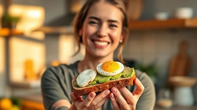 A photorealistic image of a joyful woman, Anna, in her 30s, with a genuine smile, holding a slice of fit nut bread with avocado and a poached egg. She is in a bright, modern kitchen, bathed in warm, natural light, conveying a sense of health, satisfaction, and culinary achievement. The background is slightly blurred to keep focus on her and the food. Professional photography, 8K, cinematic lighting, sharp focus, depth of field.