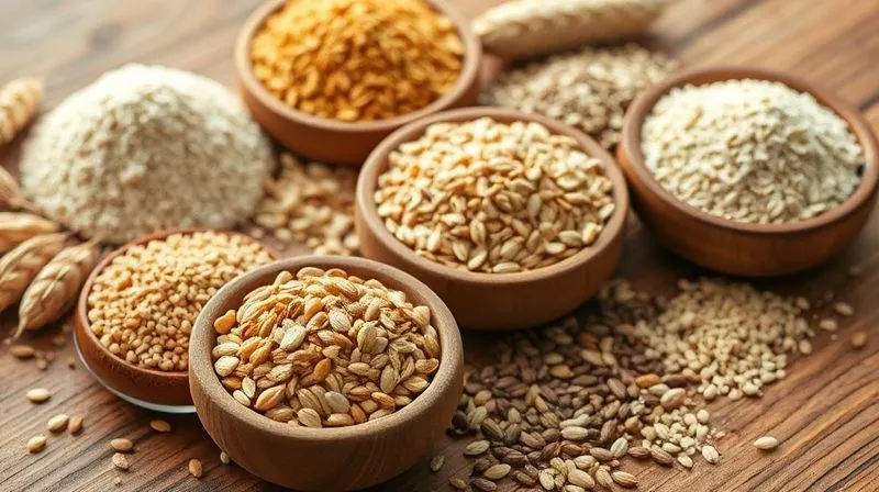 A close-up, photorealistic, professional photography, 8K, cinematic lighting, sharp focus, depth of field, shot on a high-end DSLR, of a variety of healthy flours (whole wheat, rye, oat, buckwheat) and a selection of seeds (chia, flax, sunflower, pumpkin) beautifully arranged in small rustic bowls on a wooden table, emphasizing natural textures and vibrant colors. Soft, diffused natural light.