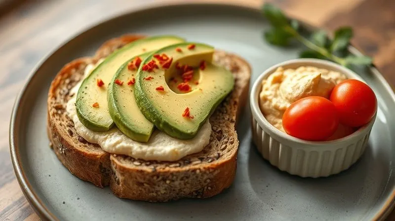 A photorealistic, professional photography, 8K, cinematic lighting, sharp focus, depth of field, shot on a high-end DSLR, of a single slice of perfectly baked fit bread with seeds, topped with fresh avocado slices and a sprinkle of chili flakes, next to a small bowl of homemade hummus and colorful cherry tomatoes, all on a minimalist ceramic plate. The image evokes a sense of balanced, healthy eating.