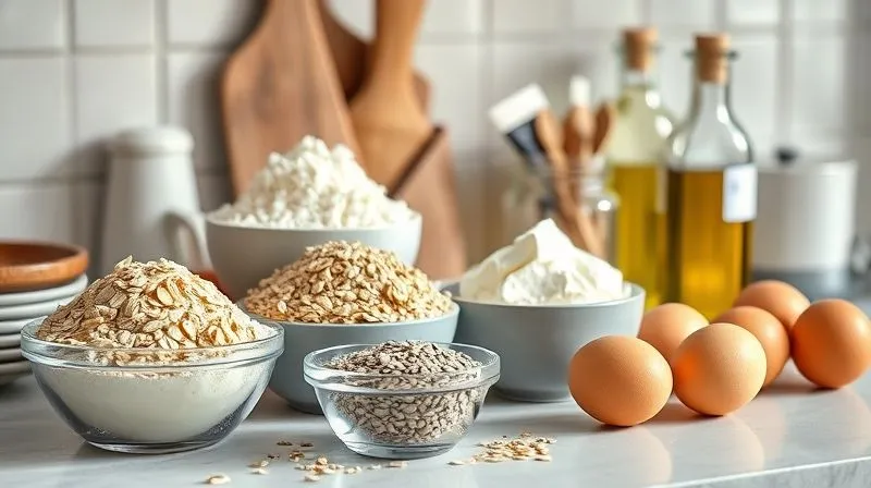 Photorealistic, professional photography, 8K, cinematic lighting, sharp focus, depth of field, shot on a high-end DSLR. A well-organized kitchen counter with a variety of healthy baking ingredients: bowls of almond flour, rolled oats, chia seeds, erythritol, a jar of natural peanut butter, fresh eggs, and a bottle of coconut oil. The composition should feel inviting and inspiring, with natural light highlighting the textures of the ingredients.