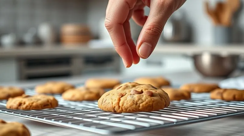 Photorealistic, professional photography, 8K, cinematic lighting, sharp focus, depth of field, shot on a high-end DSLR. A single hand carefully placing a healthy-looking, golden-brown cookie onto a cooling rack, with a subtly blurred background of a modern kitchen. The scene evokes a sense of accomplishment and healthy indulgence, with soft, inviting light.