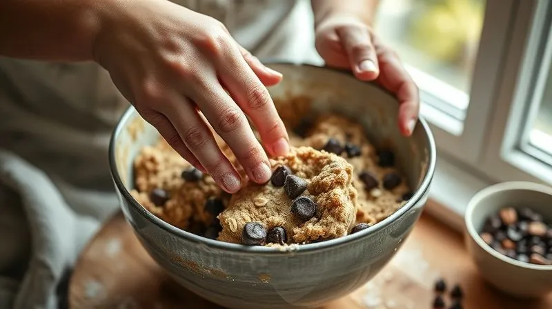 Photorealistic, professional photography, 8K, cinematic lighting, sharp focus, depth of field, shot on a high-end DSLR. A person's hands, slightly dusted with flour, are gently mixing a bowl of cookie dough with visible healthy ingredients like oats, nuts, and dark chocolate chips. The scene is warm and inviting, emphasizing the joy and creativity of home baking. Natural light streams in from a window.