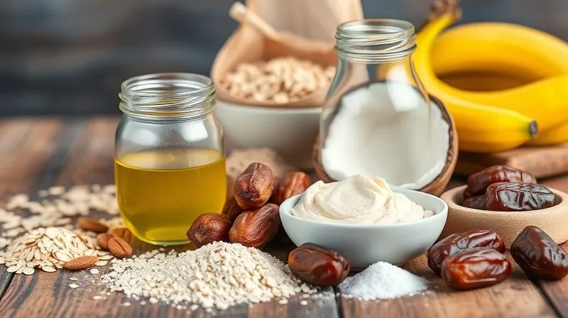 A vibrant, photorealistic, professional photography, 8K image showcasing an array of healthy baking ingredients beautifully arranged on a rustic wooden table: oat flour, almond flour, coconut oil in a glass jar, a bowl of rich peanut butter, ripe bananas, dates, a small pile of erythritol, and vanilla extract. Cinematic lighting, sharp focus on the ingredients, depth of field blurring the background, shot on a high-end DSLR.