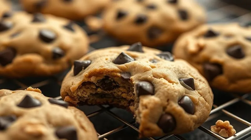 A close-up, photorealistic, professional photography, 8K image of perfectly baked, golden-brown fit cookies generously studded with dark chocolate chips and chopped walnuts, resting on a cooling rack. The cookies have a slightly chewy interior visible, with a hint of steam. Cinematic lighting highlights the textures, sharp focus, depth of field blurring the background, shot on a high-end DSLR.