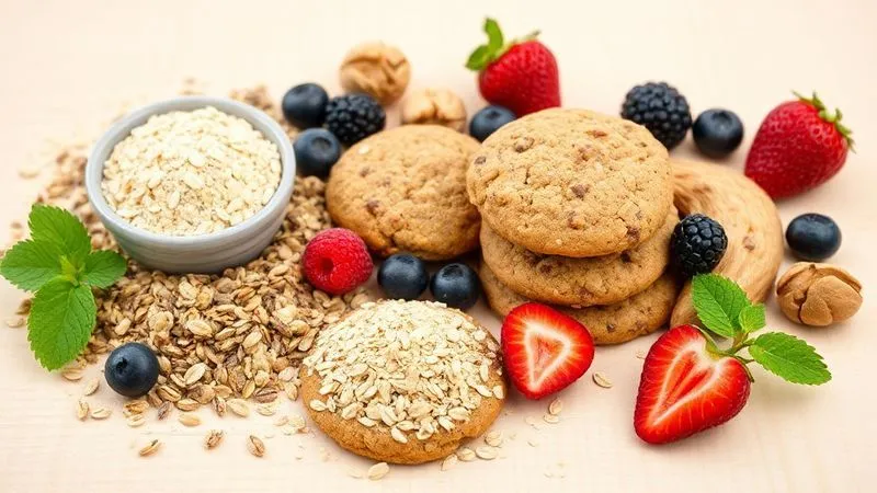 A professional photorealistic image of a vibrant display of healthy ingredients for oatmeal cookies: rolled oats, chia seeds, walnuts, fresh berries, and a scoop of protein powder, arranged aesthetically on a light wooden background. Cinematic lighting, sharp focus, 8K.