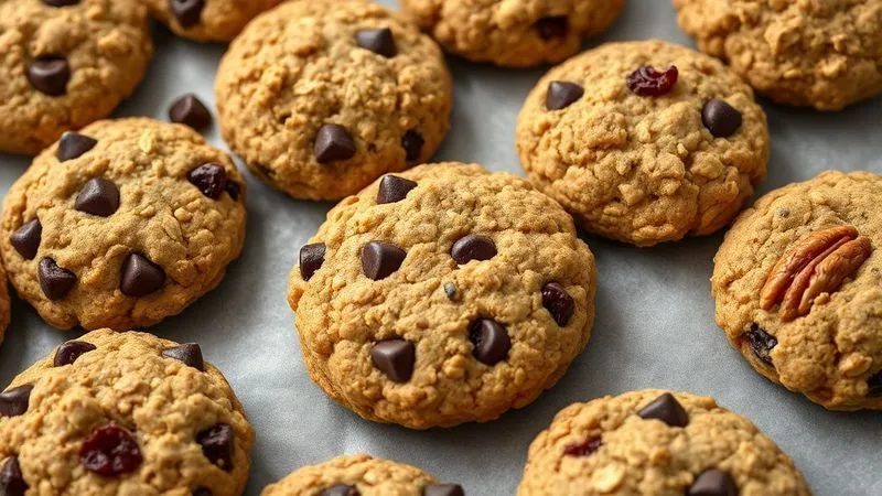A professional photorealistic image showing a variety of healthy oatmeal cookies: some with dark chocolate chips, some with dried cranberries, and others with nuts. Each cookie is perfectly golden and appealing, arranged on a baking rack. Cinematic lighting, sharp focus, 8K.