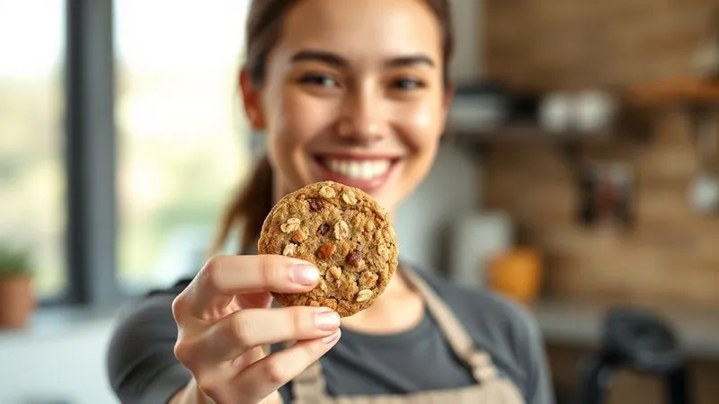 A professional photorealistic image of a person smiling, holding a single fit oatmeal cookie, with a blurred background of a modern kitchen or a gym, evoking a sense of health and satisfaction. Cinematic lighting, sharp focus, 8K.