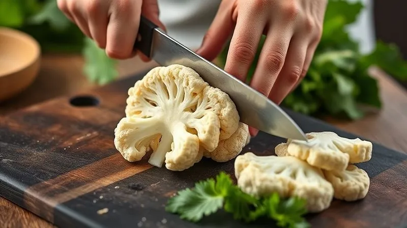 Photorealistic, professional photography of a chef's hands expertly slicing a fresh, pristine white cauliflower into thick 'steaks' on a dark wooden cutting board, with vibrant green leaves in the background. Cinematic lighting, sharp focus on the knife and cauliflower, depth of field blurring the background. 8K hyper-detailed, shot on a high-end DSLR.