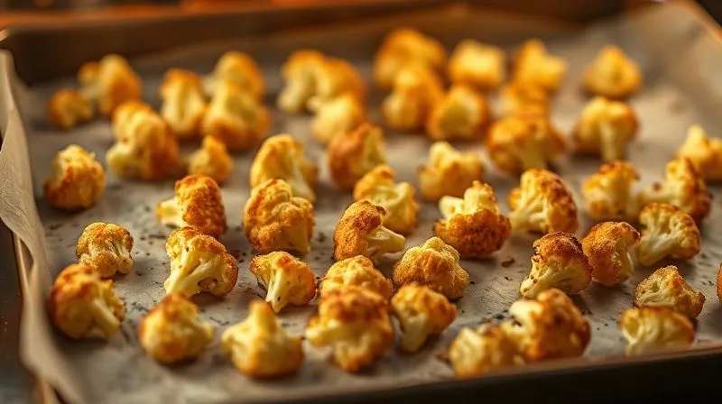 Photorealistic, professional photography of golden-brown baked cauliflower florets scattered on a baking sheet lined with parchment paper, fresh out of the oven. Steam gently rises. Cinematic lighting, sharp focus on the crispy edges, depth of field blurring the warm kitchen background. 8K hyper-detailed, shot on a high-end DSLR.