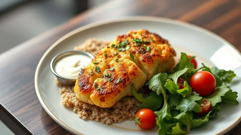 A beautifully plated, professional photography shot of a healthy dinner. In the center, a golden-brown baked cauliflower steak, garnished with fresh herbs. Around it, a portion of quinoa, a vibrant green salad with cherry tomatoes, and a small ramekin of creamy, low-calorie garlic-yogurt sauce. Cinematic lighting, sharp focus on the meal, depth of field blurring a modern dining setting. 8K hyper-detailed, shot on a high-end DSLR.