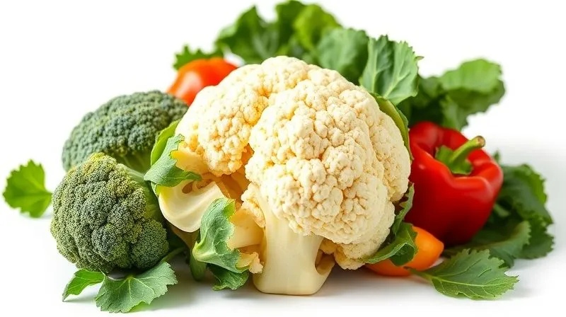 A vibrant, close-up photorealistic image of a fresh cauliflower head, partially cut to reveal its florets, surrounded by other colorful, healthy vegetables like broccoli, bell peppers, and leafy greens on a clean white background. The lighting is bright and natural, highlighting the freshness and texture of the produce. 8K, cinematic lighting, sharp focus, depth of field, shot on a high-end DSLR, professional food photography.